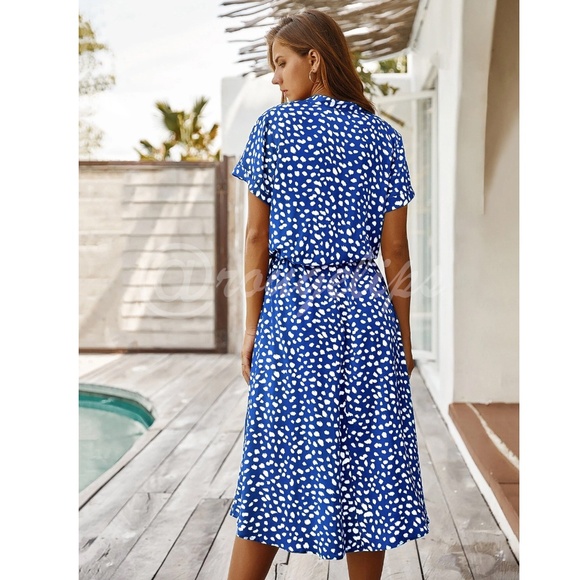 Blue Dress All Over Spotted Print Neckline Notched Midi Shirt - Picture 4 of 7